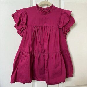 Anthropologie Maeve Shirt Womens S Pink Ruffle Shoulder Tiered Tunic Top